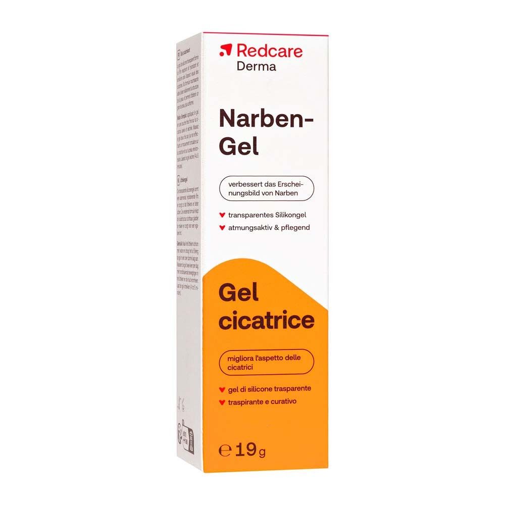 Confezione Redcare Derma Narben-Gel. Confezione bianca con area arancione. 19g.