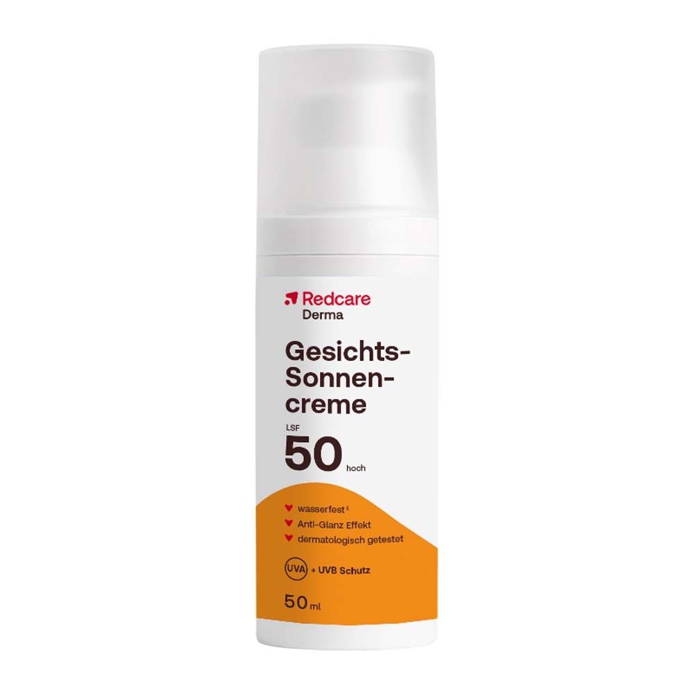 Redcare Derma Crema solare viso SPF 50. Flacone bianco con erogatore a spruzzo. Area arancione con informazioni.