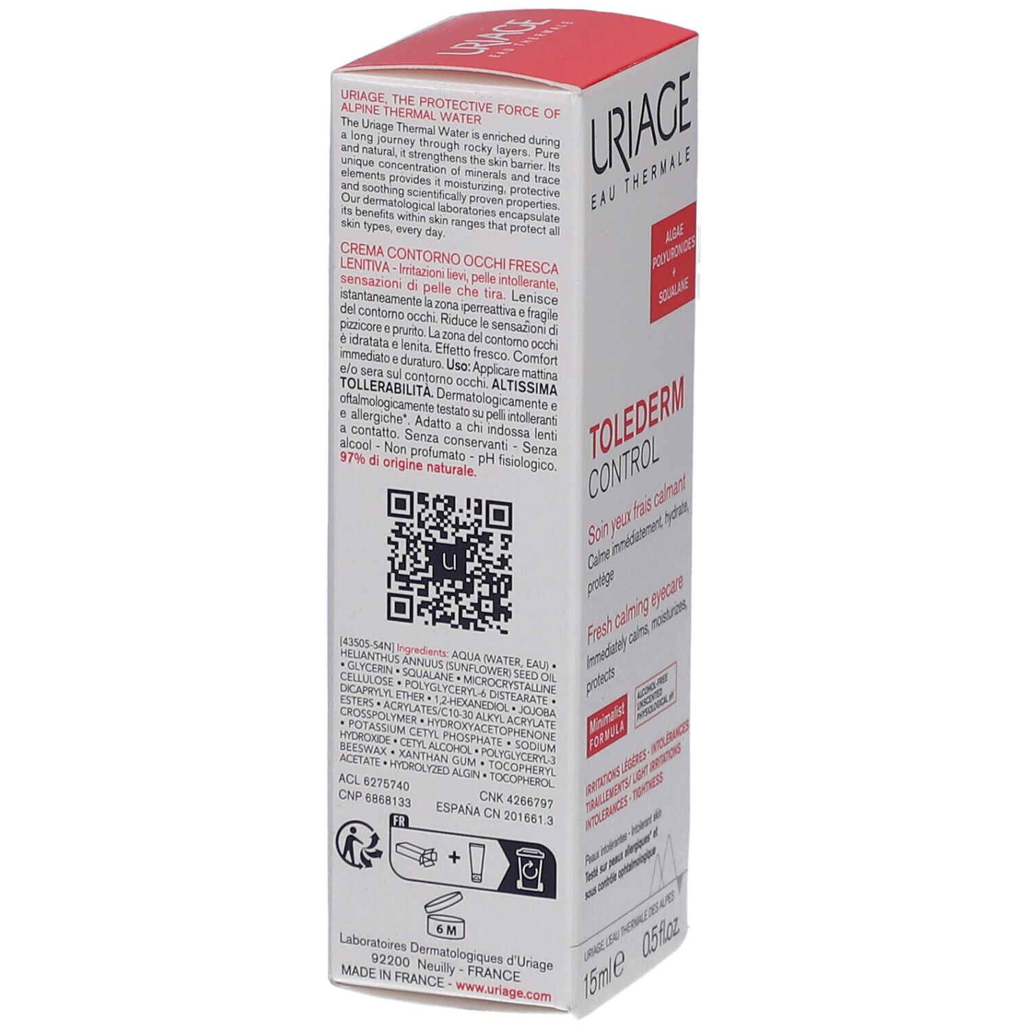 Confezione Uriage Tolederm Control. Testo: Crema contorno occhi fresca, 15ml, 0.5 fl.oz. Codice QR. Ingredienti. 97% origine naturale.