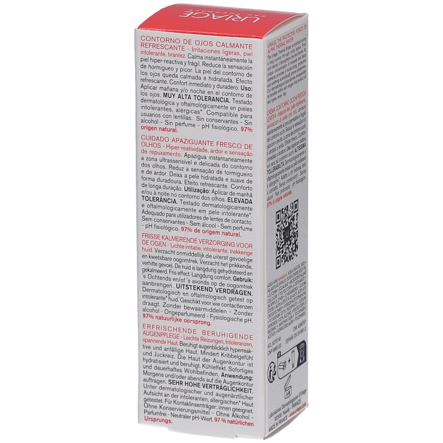 Confezione Uriage Tolederm Control. Testo: Contorno de ojos calmante, 15ml, 0.5 fl.oz. 97% origine naturale. Codice QR.