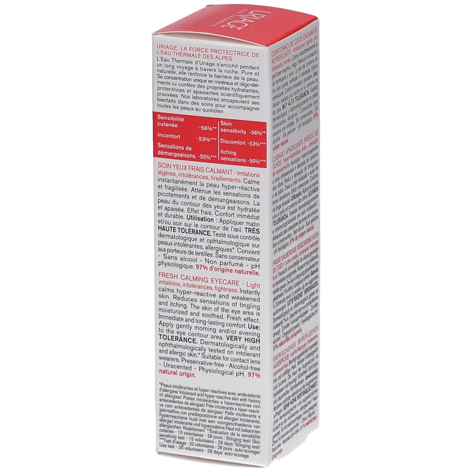 Confezione Uriage Tolederm Control. Testo: Soin yeux frais calmant, 15ml, 0.5 fl.oz. 97% origine naturale. Codice QR.