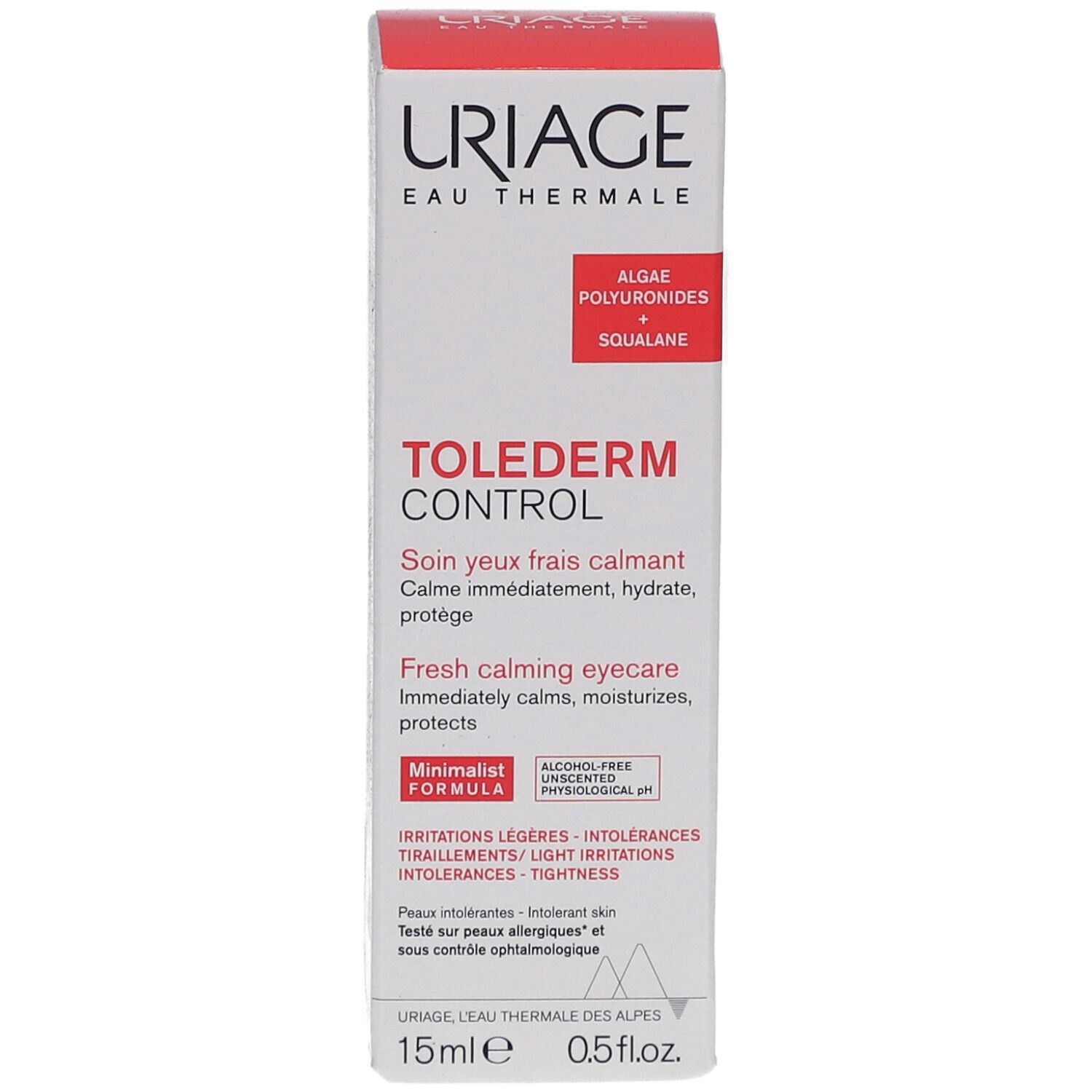Scatola Uriage Tolederm Control. Testo: ToleDerm Control, Fresh calming eyecare, 15ml, 0.5 fl.oz. Formula minimalista.