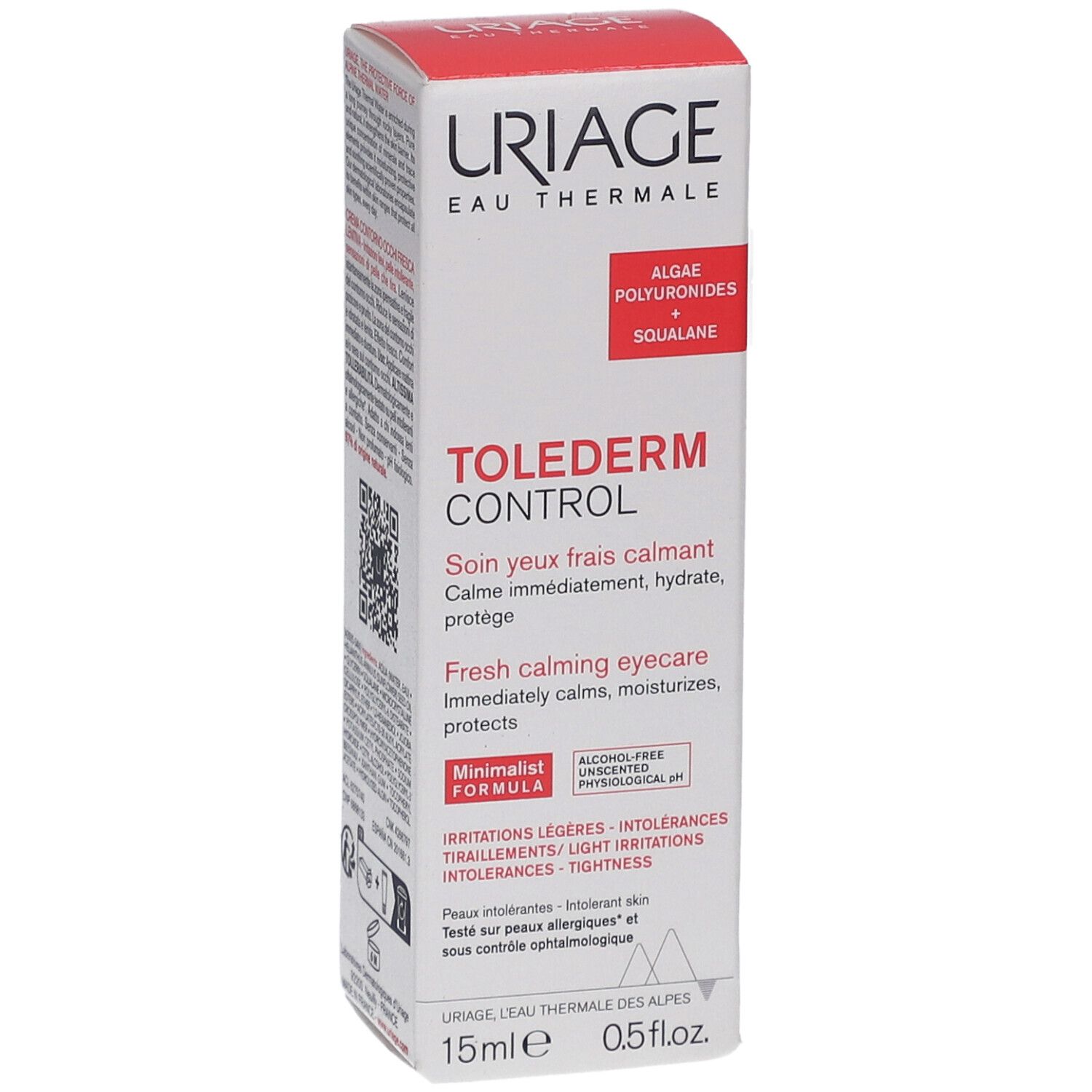Scatola Uriage Tolederm Control. Testo: ToleDerm Control, Fresh calming eyecare, 15ml, 0.5 fl.oz. Formula minimalista.