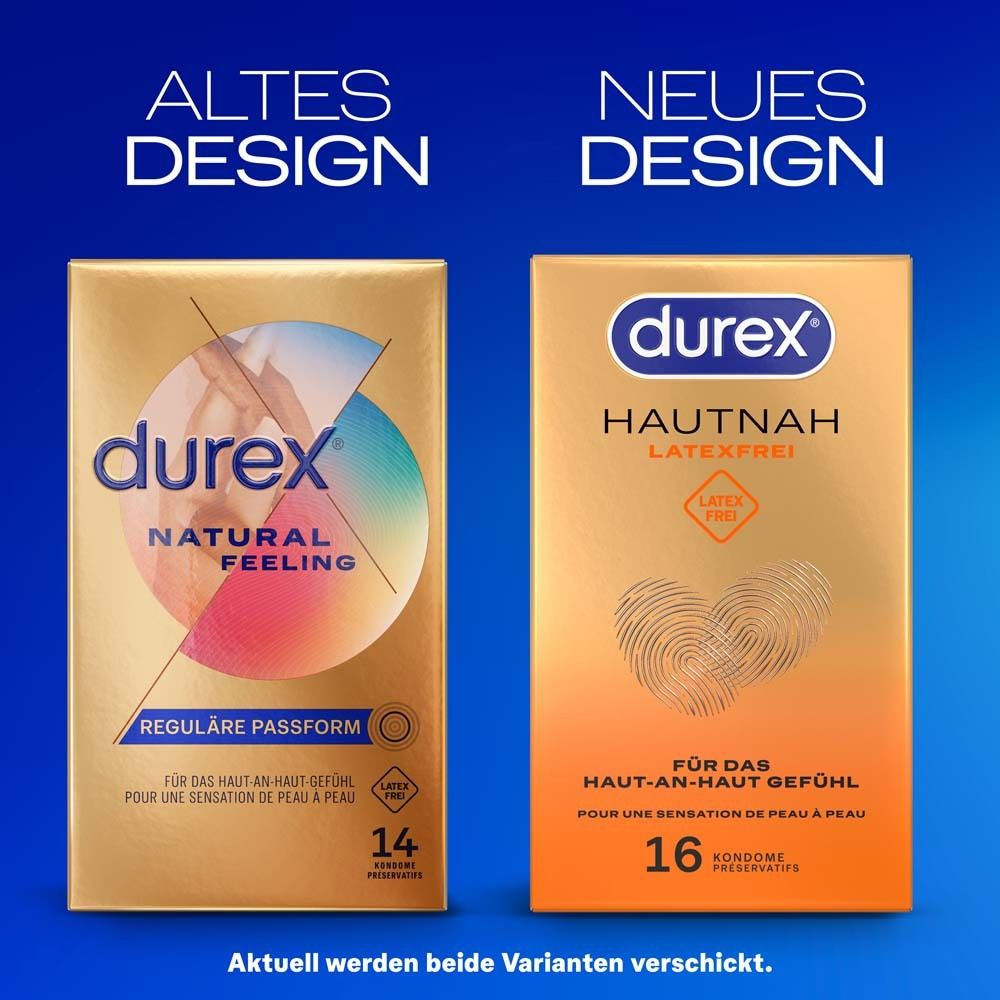 Confezione Durex Natural Feeling, 14 preservativi, vestibilità regolare, senza lattice.