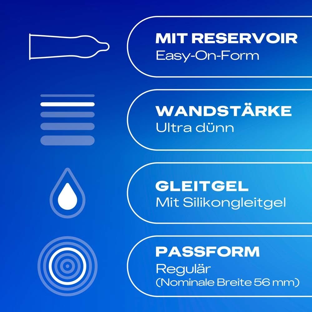 Preservativo con serbatoio, forma Easy-On, ultrasottile, lubrificante al silicone, vestibilità regolare (larghezza nominale 56 mm).