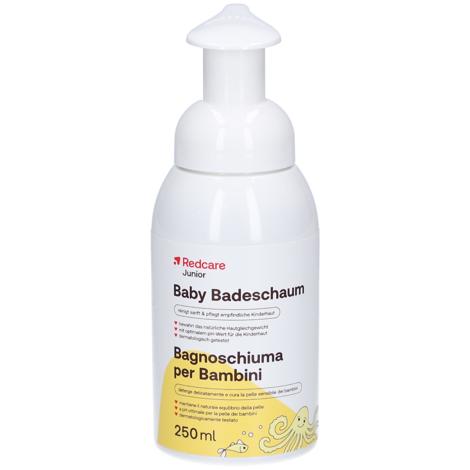 Flacone bianco con dosatore a pompa. Scritta: Redcare Junior Baby Badeschaum, bagnoschiuma per bambini, 250ml.