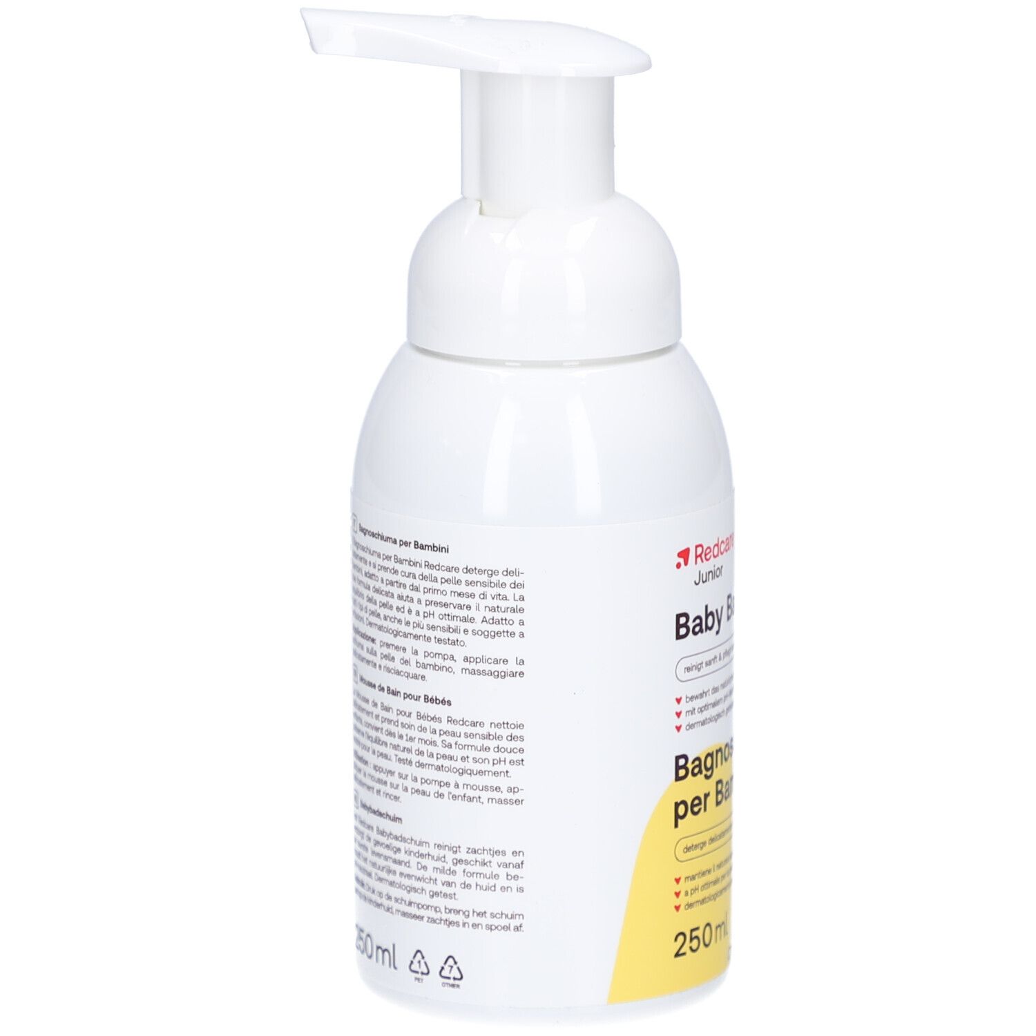 Flacone bianco con dosatore a pompa. Scritta: Redcare Junior Baby Badeschaum, bagnoschiuma per bambini, 250ml.