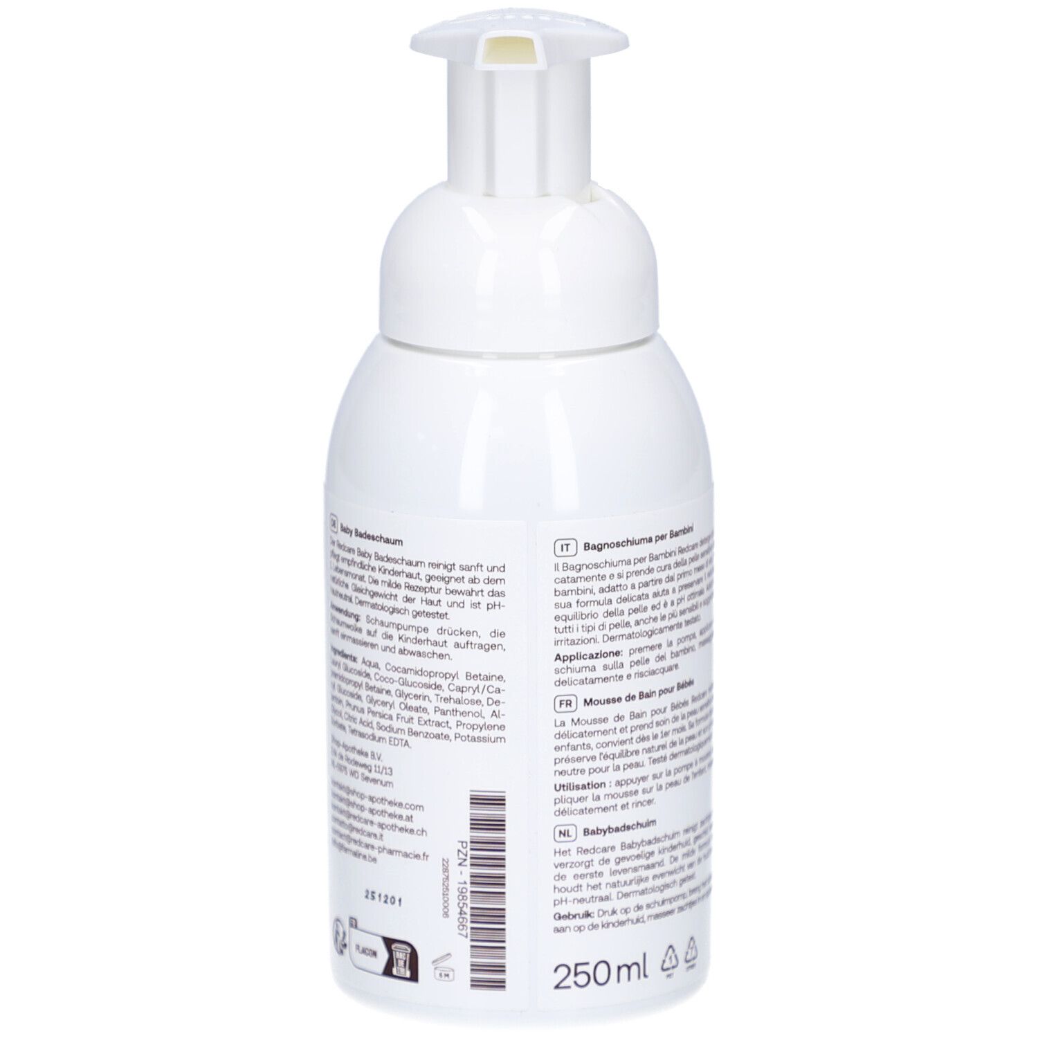 Flacone bianco con dosatore a pompa. Scritta: Redcare Junior Baby Badeschaum, bagnoschiuma per bambini, 250ml.