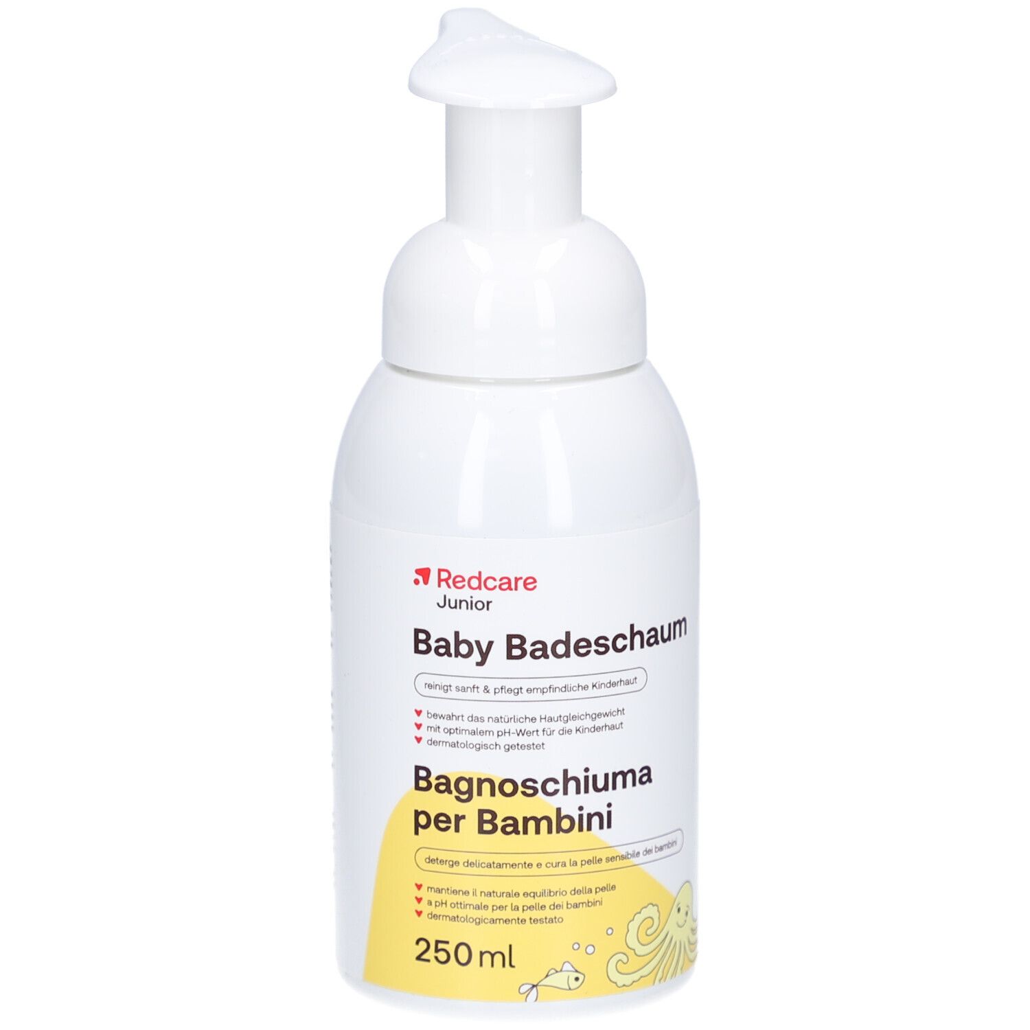 Flacone bianco con dosatore a pompa. Scritta: Redcare Junior Baby Badeschaum, bagnoschiuma per bambini, 250ml.