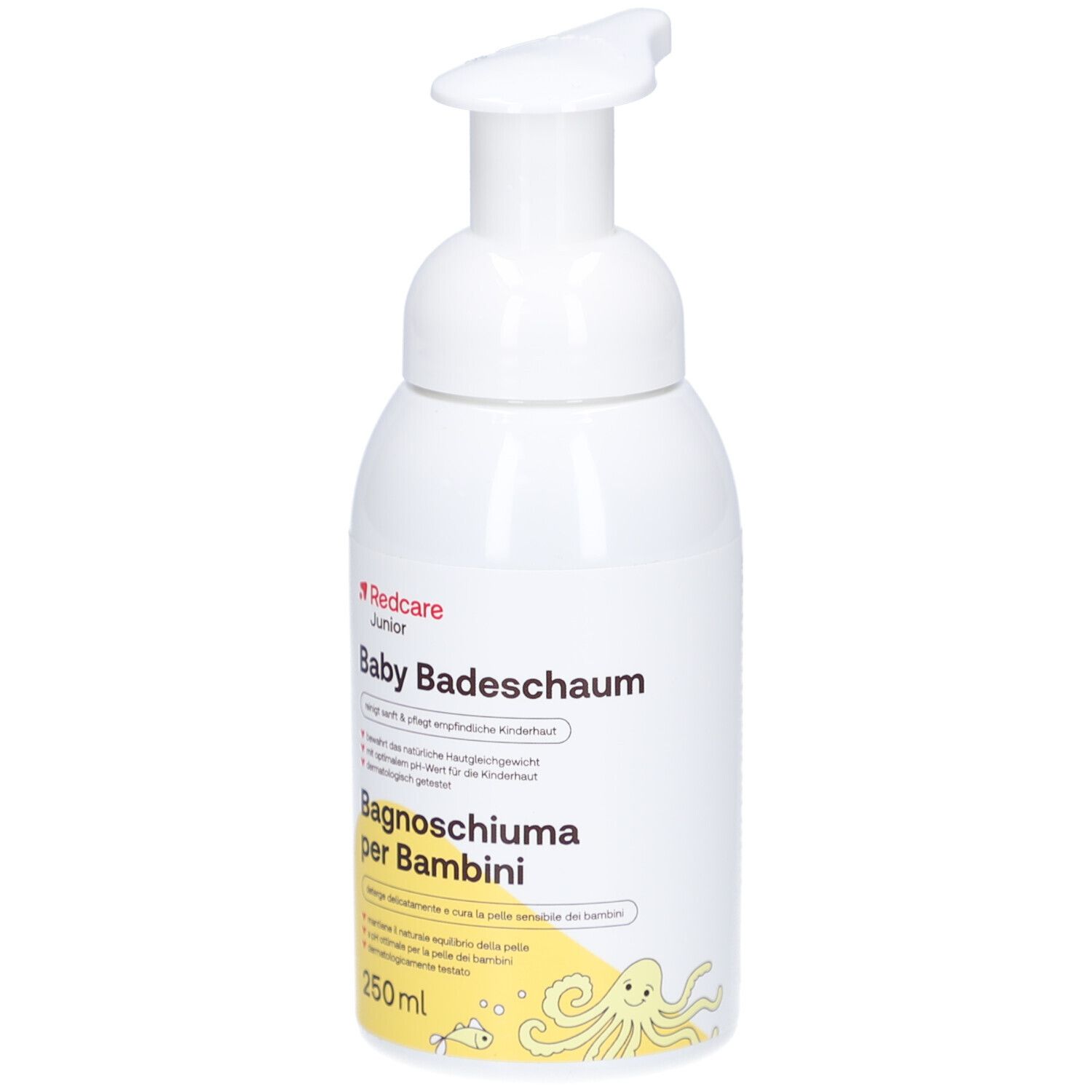 Flacone bianco con dosatore a pompa. Scritta: Redcare Junior Baby Badeschaum, bagnoschiuma per bambini, 250ml.