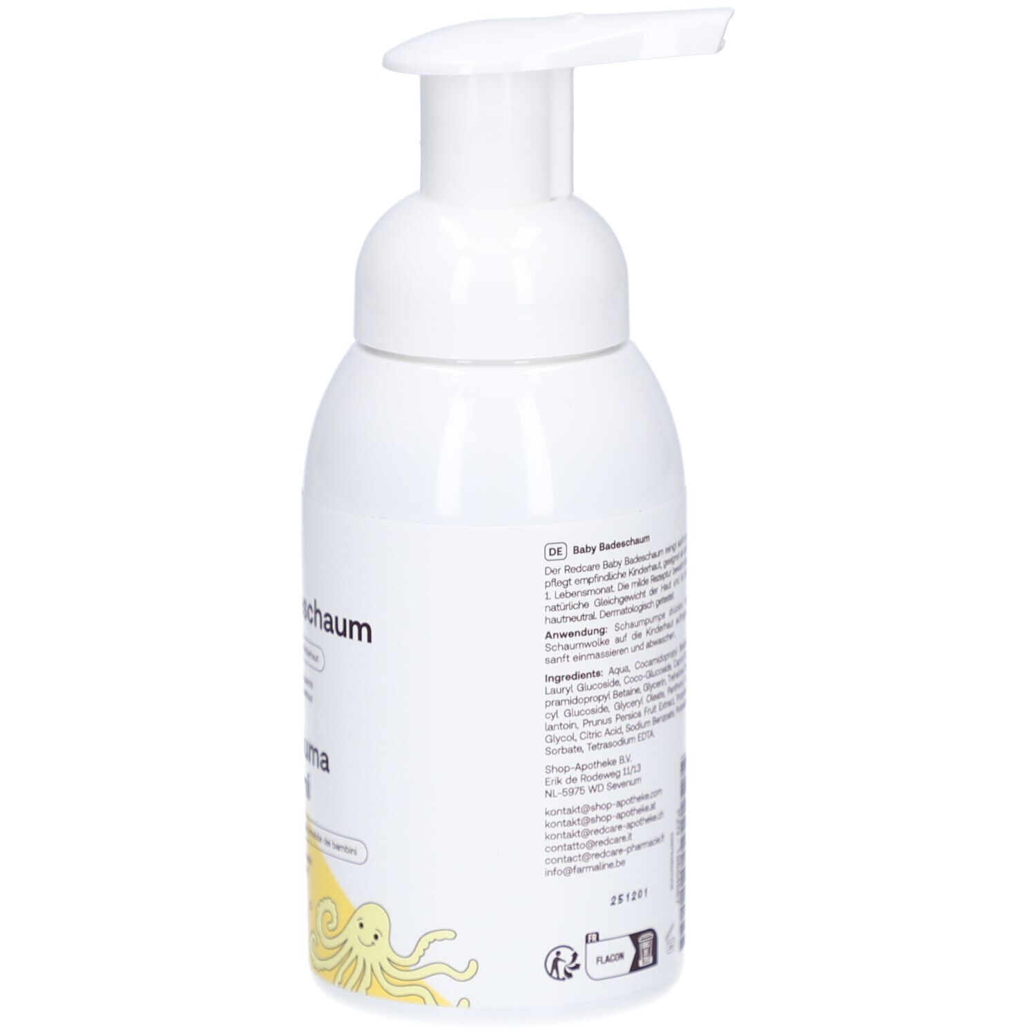 Flacone bianco con dosatore a pompa. Scritta: Redcare Junior Baby Badeschaum, bagnoschiuma per bambini, 250ml.