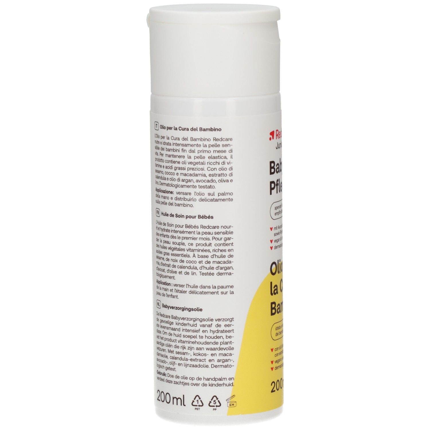 Infografica: Redcare Junior Baby Pflegeöl. Idrata e nutre la pelle sensibile dei bambini. Applicazione: Versare l'olio nel palmo.