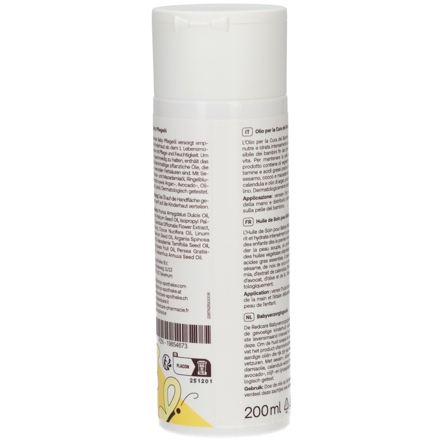 Infografica: Redcare Junior Baby Pflegeöl. Idrata e nutre la pelle sensibile dei bambini. Applicazione: Versare l'olio nel palmo.