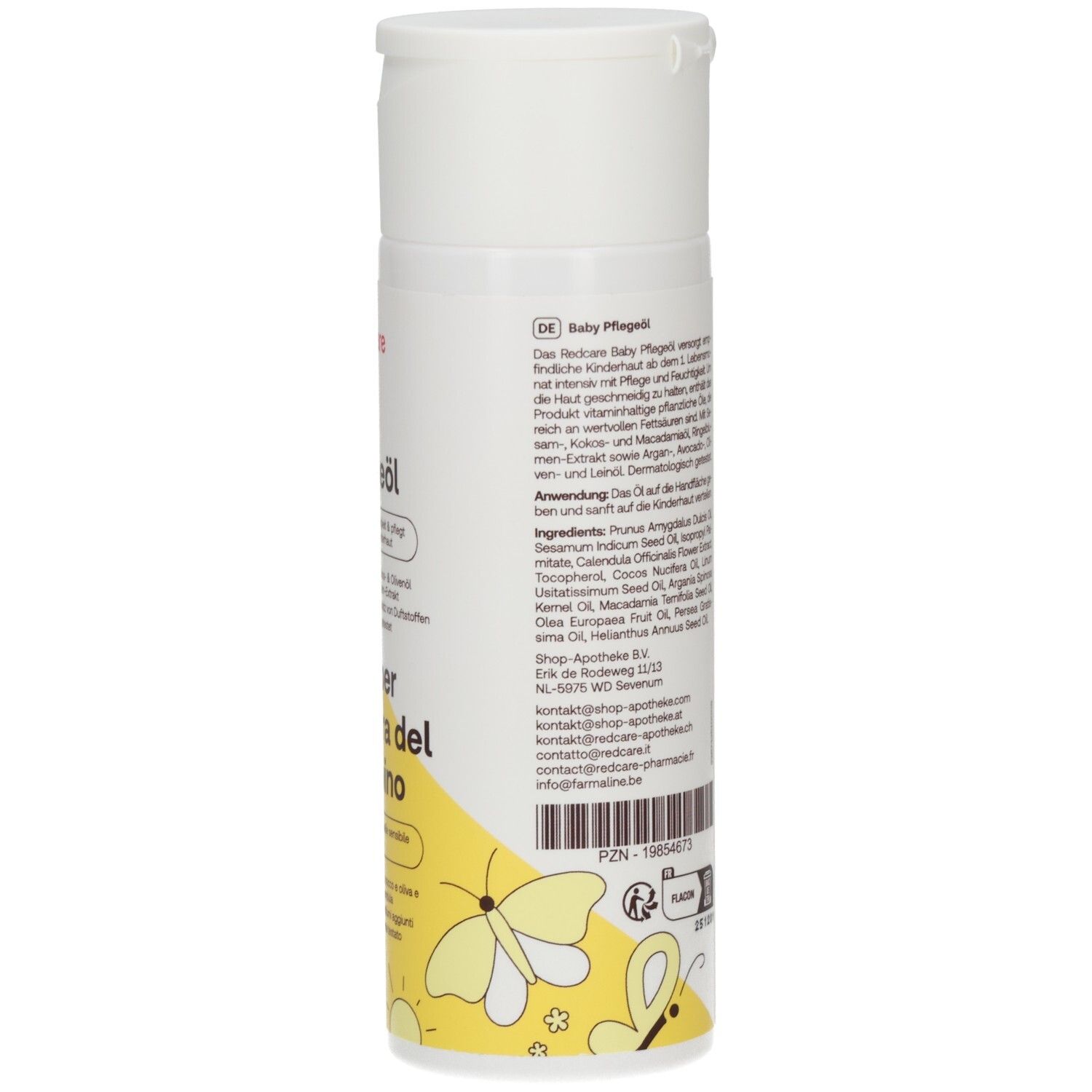 Infografica: Redcare Junior Baby Pflegeöl. Idrata e nutre la pelle sensibile dei bambini. Applicazione: Versare l'olio nel palmo.