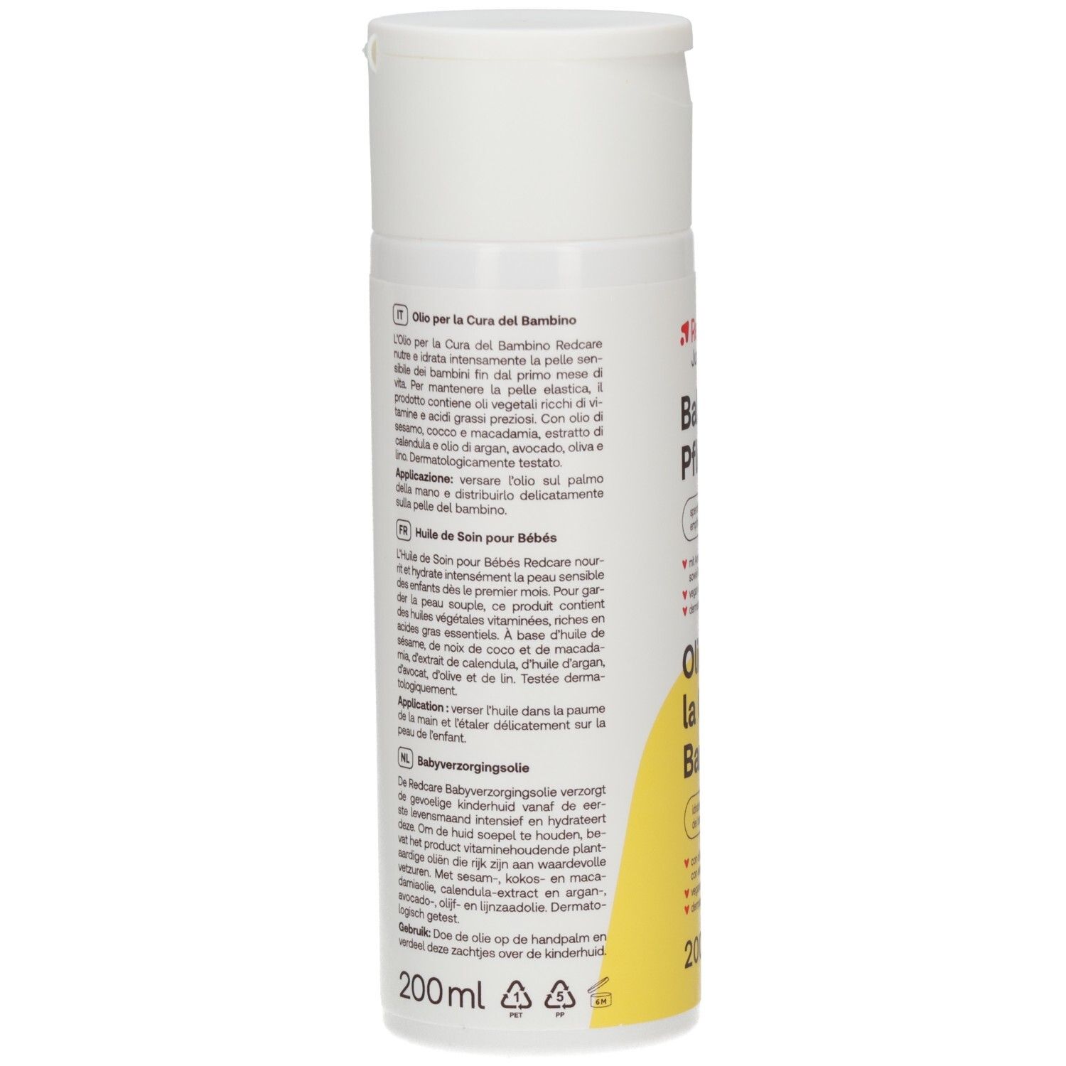 Infografica: Redcare Junior Baby Pflegeöl. Idrata e nutre la pelle sensibile dei bambini. Applicazione: Versare l'olio nel palmo.