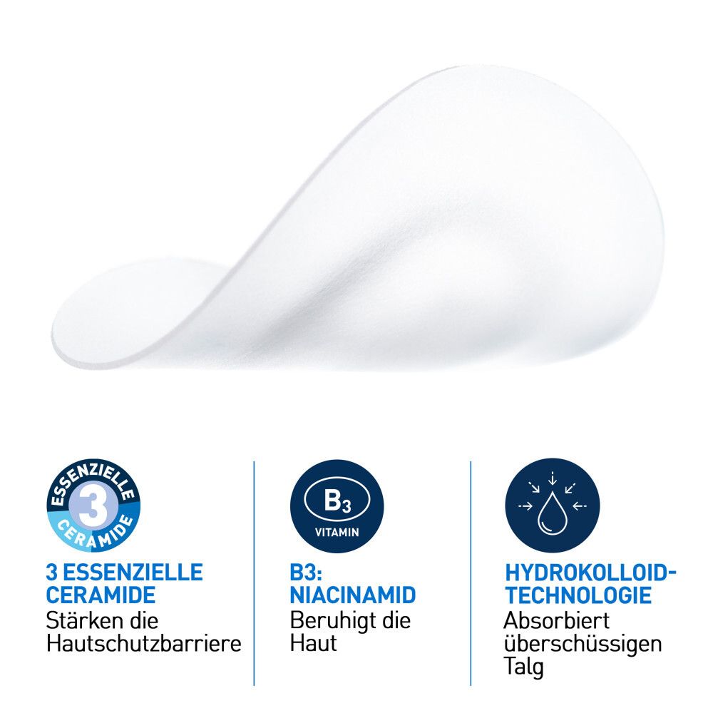 Primo piano di un singolo patch idrocolloide. 3 ceramidi essenziali, vitamina B3, tecnologia idrocolloide.