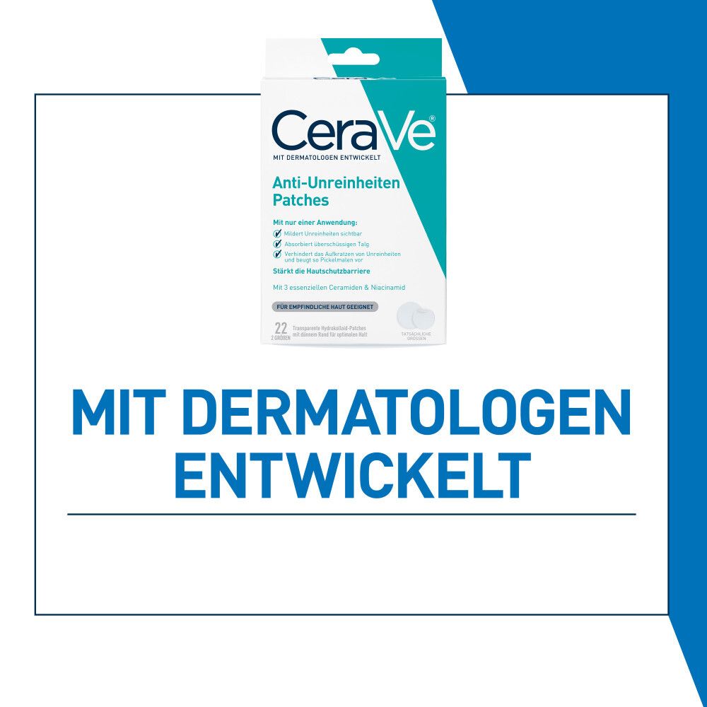 Confezione CeraVe Anti-Imperfezioni Patches. Sviluppato con dermatologi. Blu e bianco.