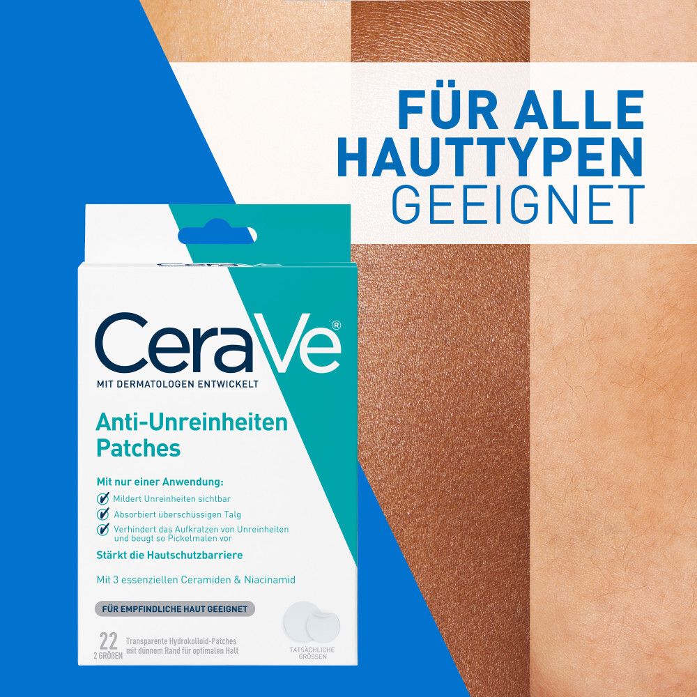 Confezione CeraVe Anti-Imperfezioni Patches. Adatto a tutti i tipi di pelle. Blu e bianco.