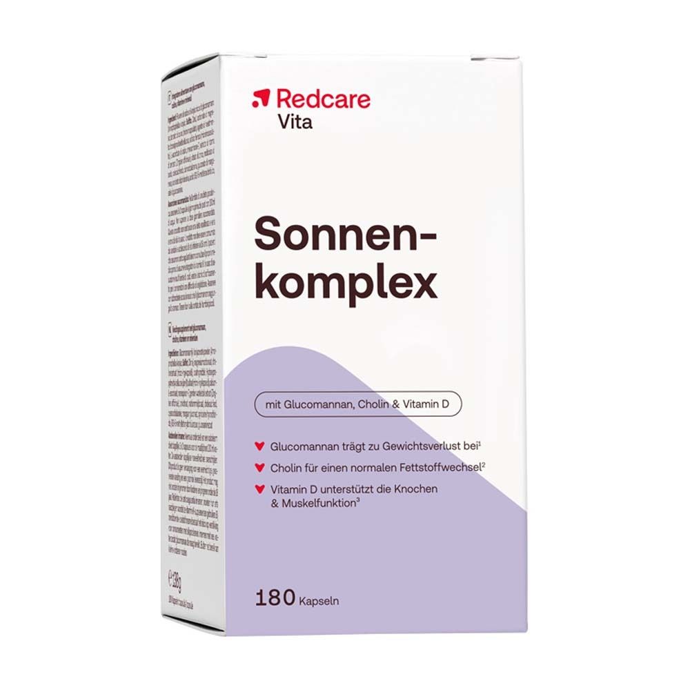 Scatola bianca con scritta: Redcare Vita Sonnenkomplex. Contiene 180 capsule. Con informazioni.