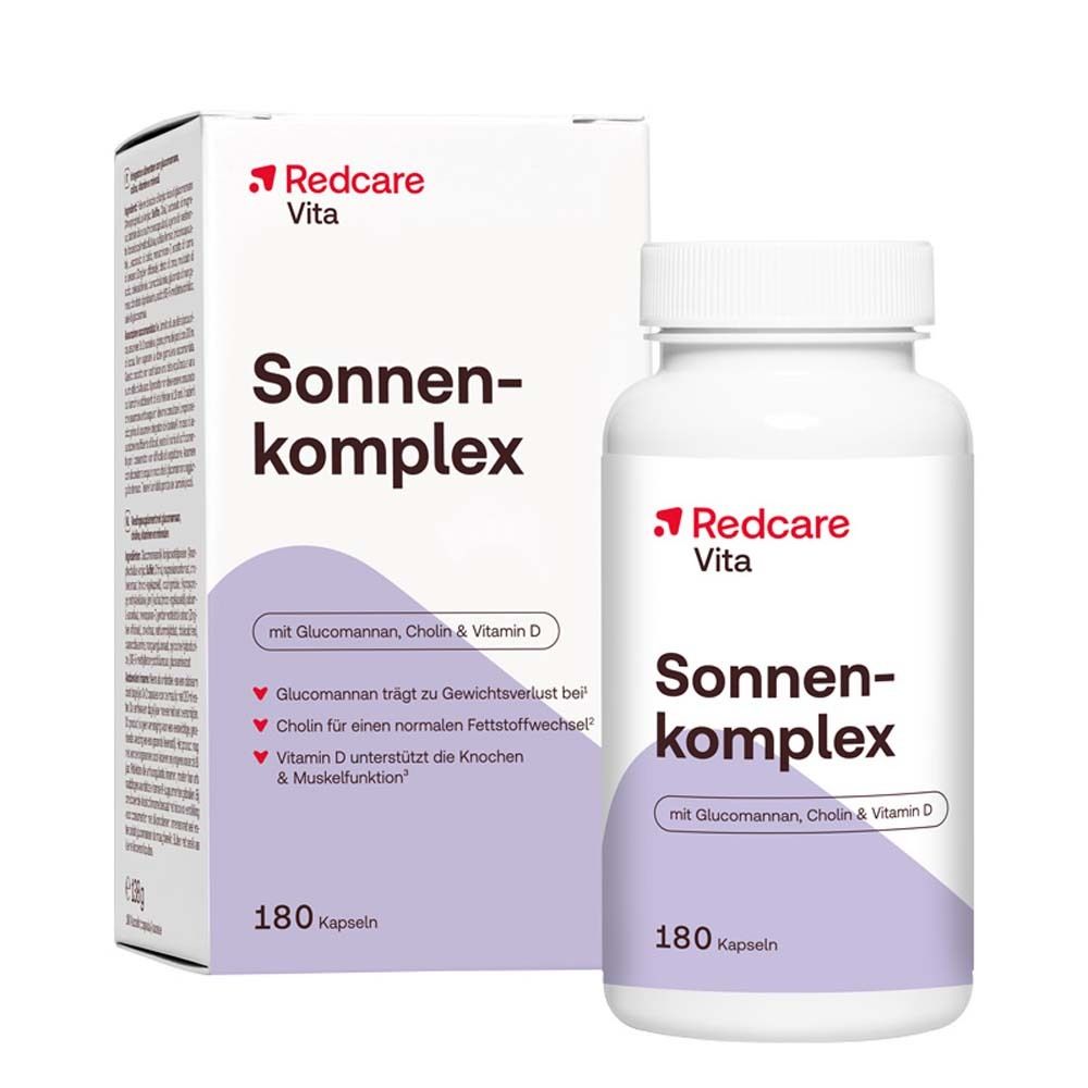 Confezione del prodotto con flacone e scatola. Scritta: Redcare Vita Sonnenkomplex. Contiene 180 capsule.