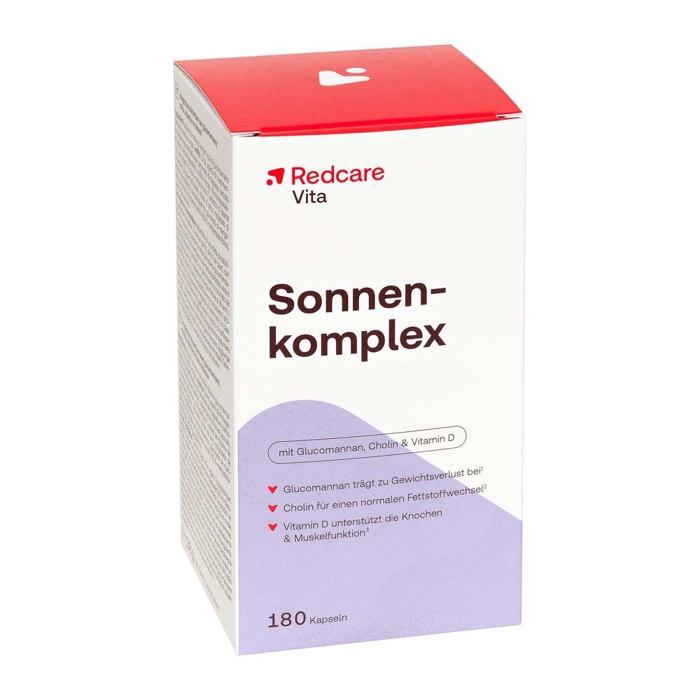 Scatola bianca con 'Redcare Vita Sonnenkomplex'. 180 capsule. Coperchio rosso.