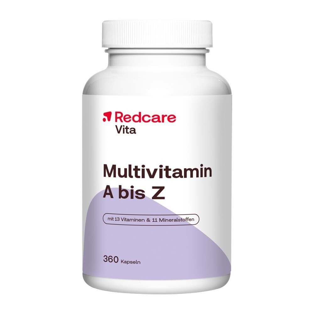 Flacone bianco con "Redcare Vita Multivitamin A bis Z". Contiene 360 capsule. Coperchio bianco.