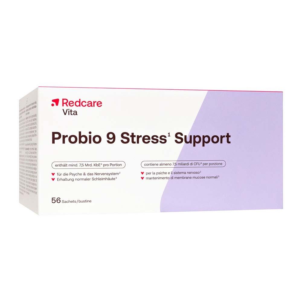 Confezione di Redcare Vita Probio 9 Stress¹ Support. 56 bustine. Bianca, viola e rossa.