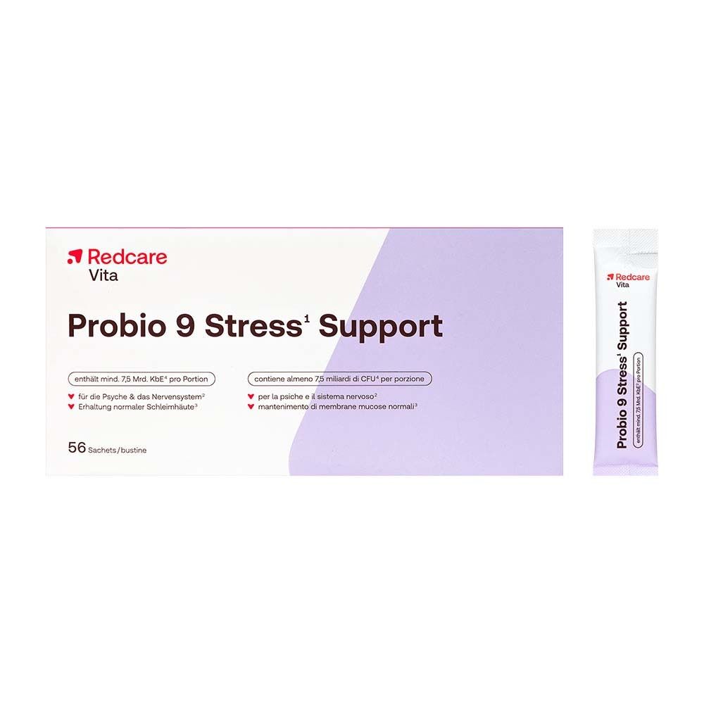 Scatola e bustina di Redcare Vita Probio 9 Stress¹ Support. 56 bustine. Viola e bianco.