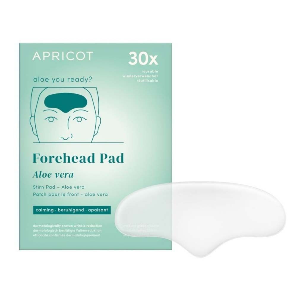 Confezione di Forehead Pad APRICOT Aloe vera. 30x riutilizzabile. Lenitivo. Testo: Forehead Pad Aloe vera.