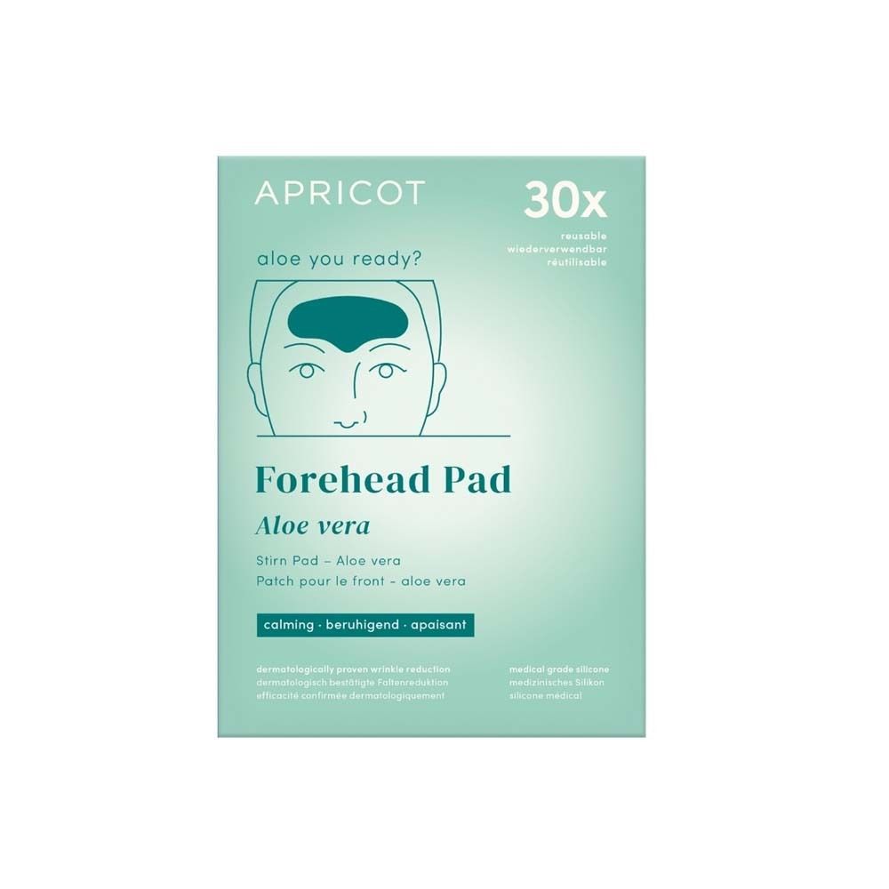 Confezione di Forehead Pad APRICOT Aloe vera. 30x riutilizzabile. Lenitivo. Testo: Forehead Pad Aloe vera.