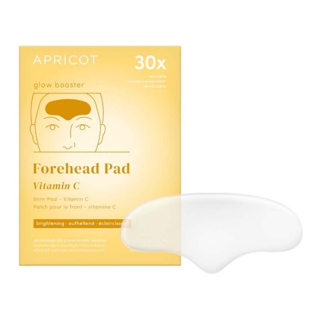 Pad per la fronte con vitamina C. Confezione e pad. Confezione giallo-bianca, pad accanto. Testo: APRICOT, Forehead Pad, 30x.