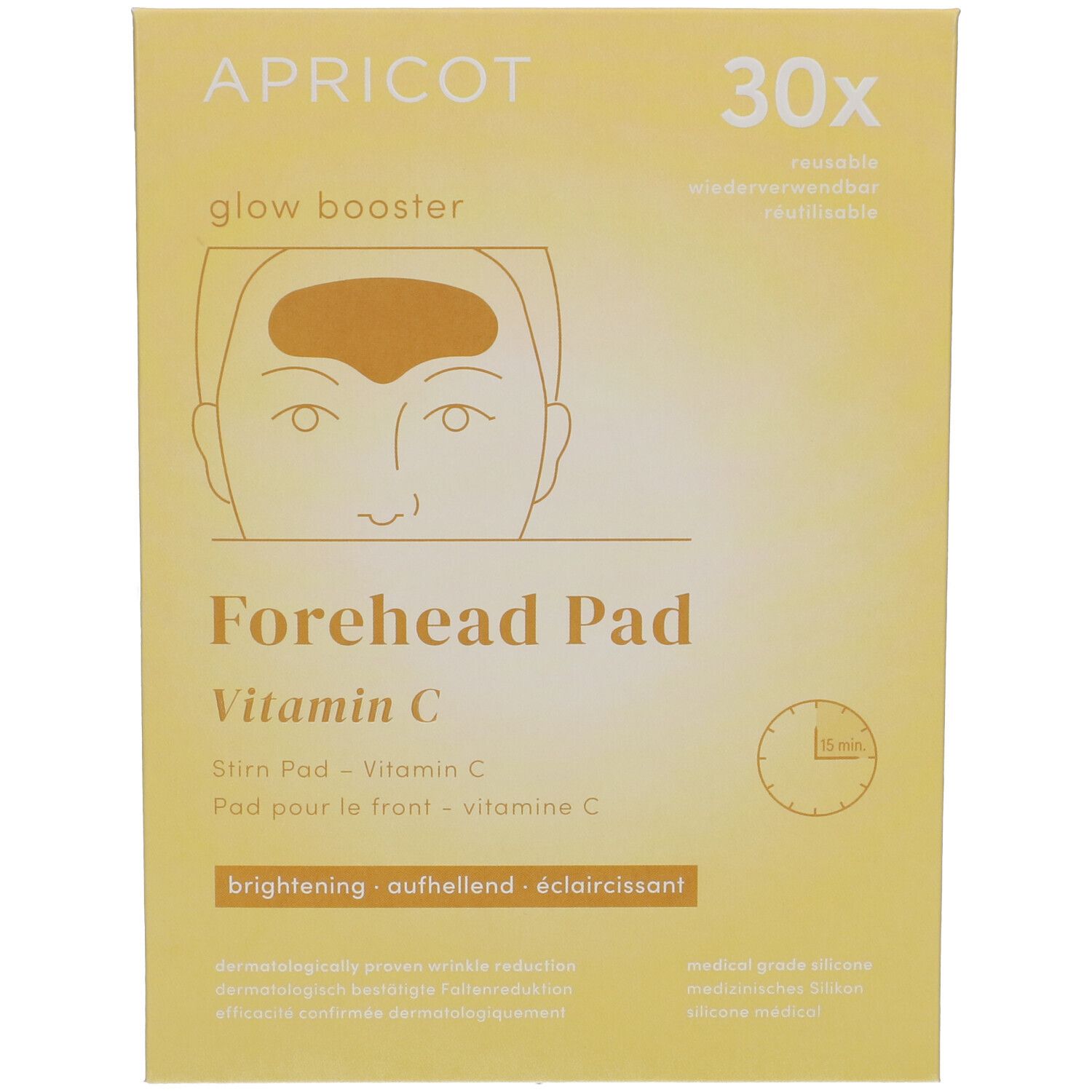Confezione gialla con immagine del prodotto e scritta "APRICOT Forehead Pad Vitamin C". Contiene 30 pads.