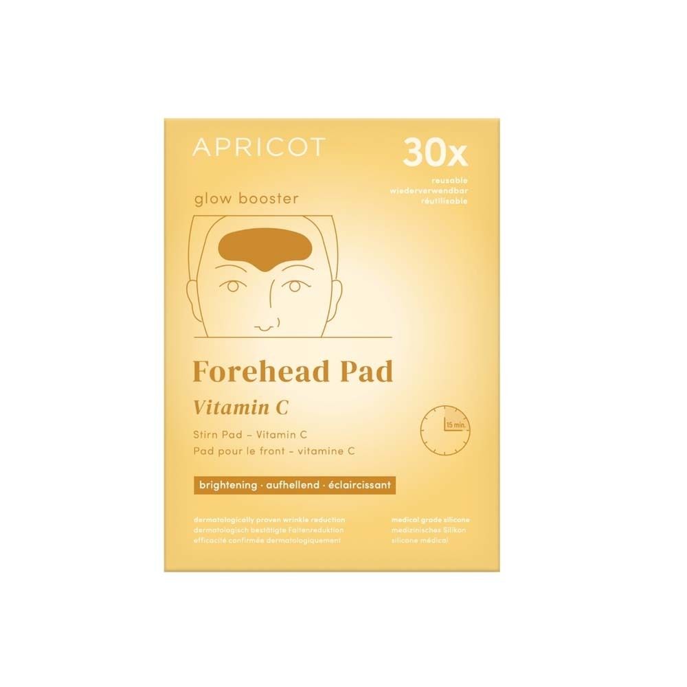 Confezione gialla con pad per la fronte. Testo: APRICOT, Forehead Pad, Vitamin C, 30x. Illustrazione di un viso.