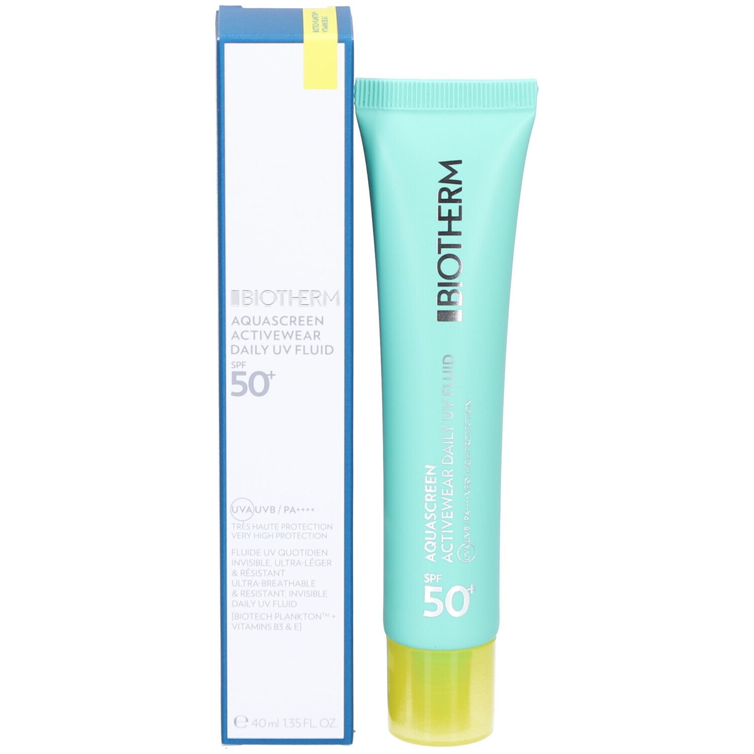 Tubo e confezione. BIOTHERM Aquascreen Activewear Daily UV Fluid SPF 50+. Confezione blu e bianca.