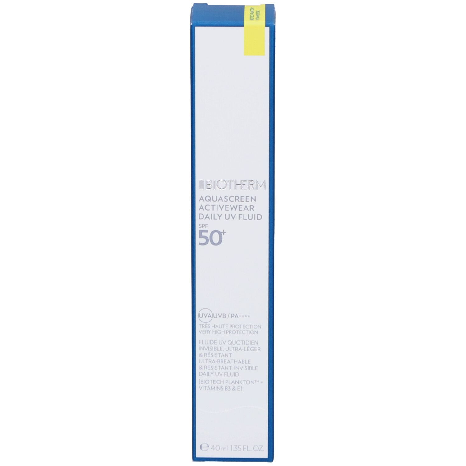 Confezione blu. BIOTHERM Aquascreen Activewear Daily UV Fluid SPF 50+. Testo e logo.