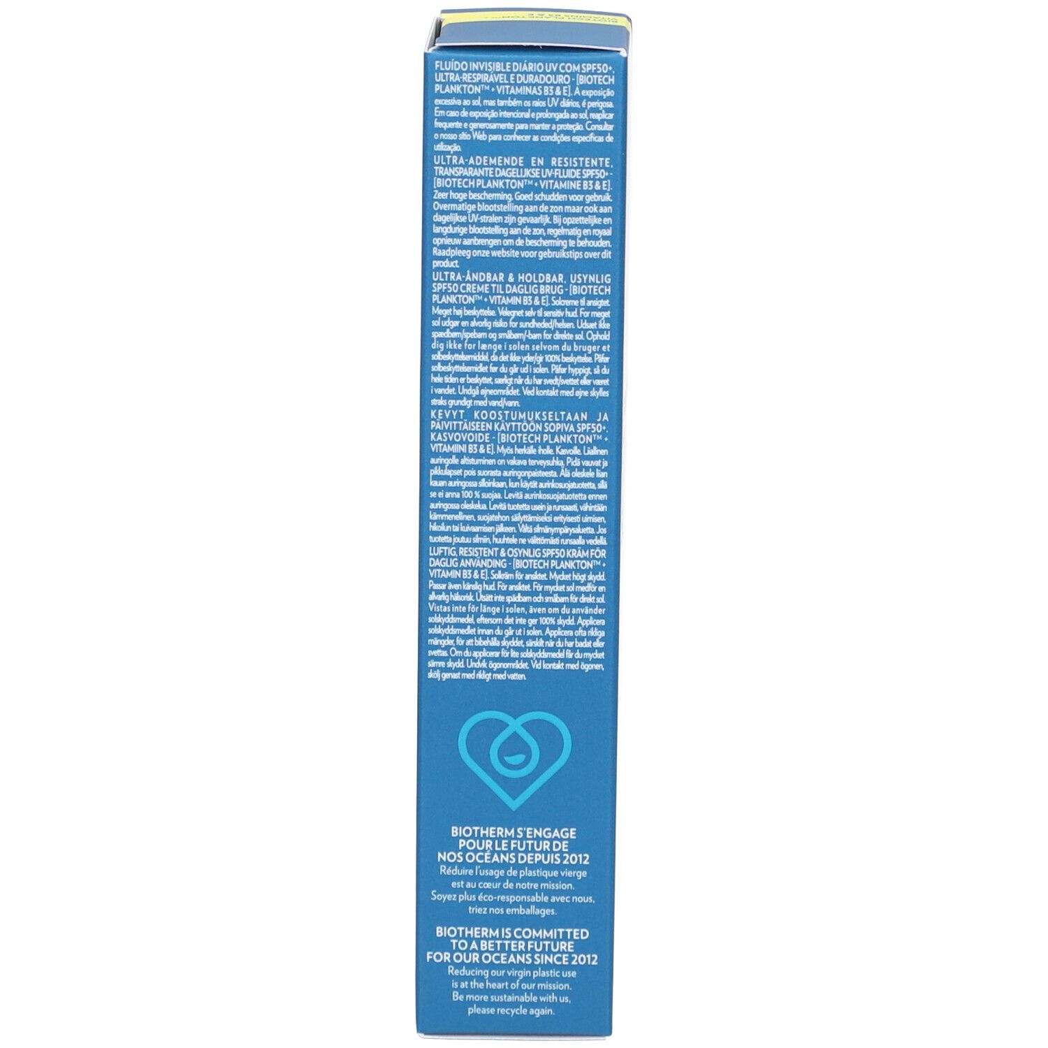 Confezione blu. Testo multilingue. BIOTHERM Aquascreen Daily UV Fluid SPF 50+.