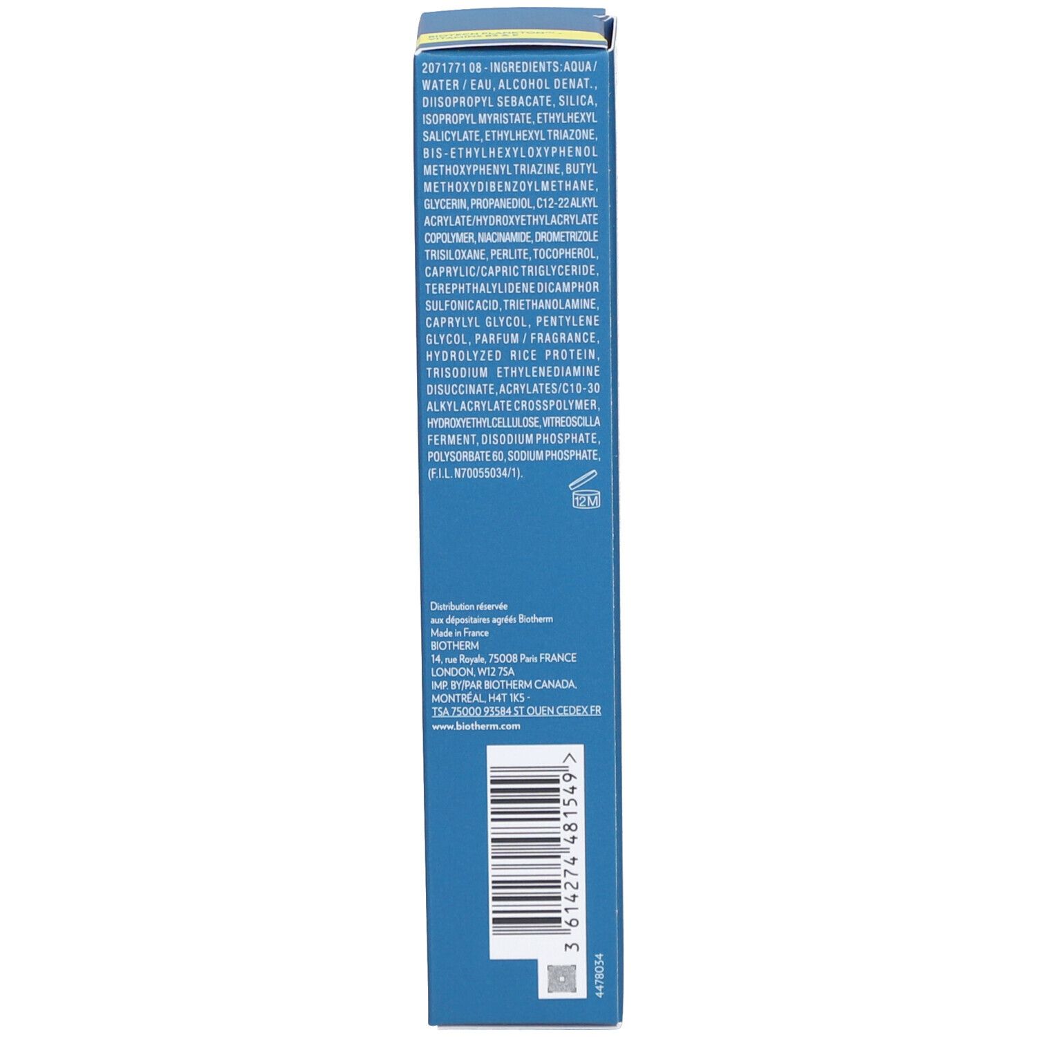 Confezione blu. Ingredienti. BIOTHERM Aquascreen Daily UV Fluid SPF 50+.