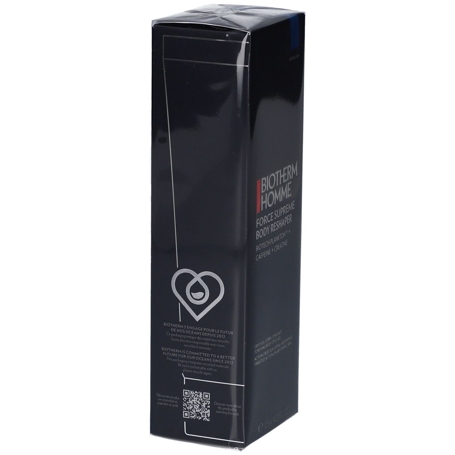 Confezione nera con nome e dettagli del prodotto. Marchio: Biotherm Homme. Prodotto: Force Supreme Body Reshaper.
