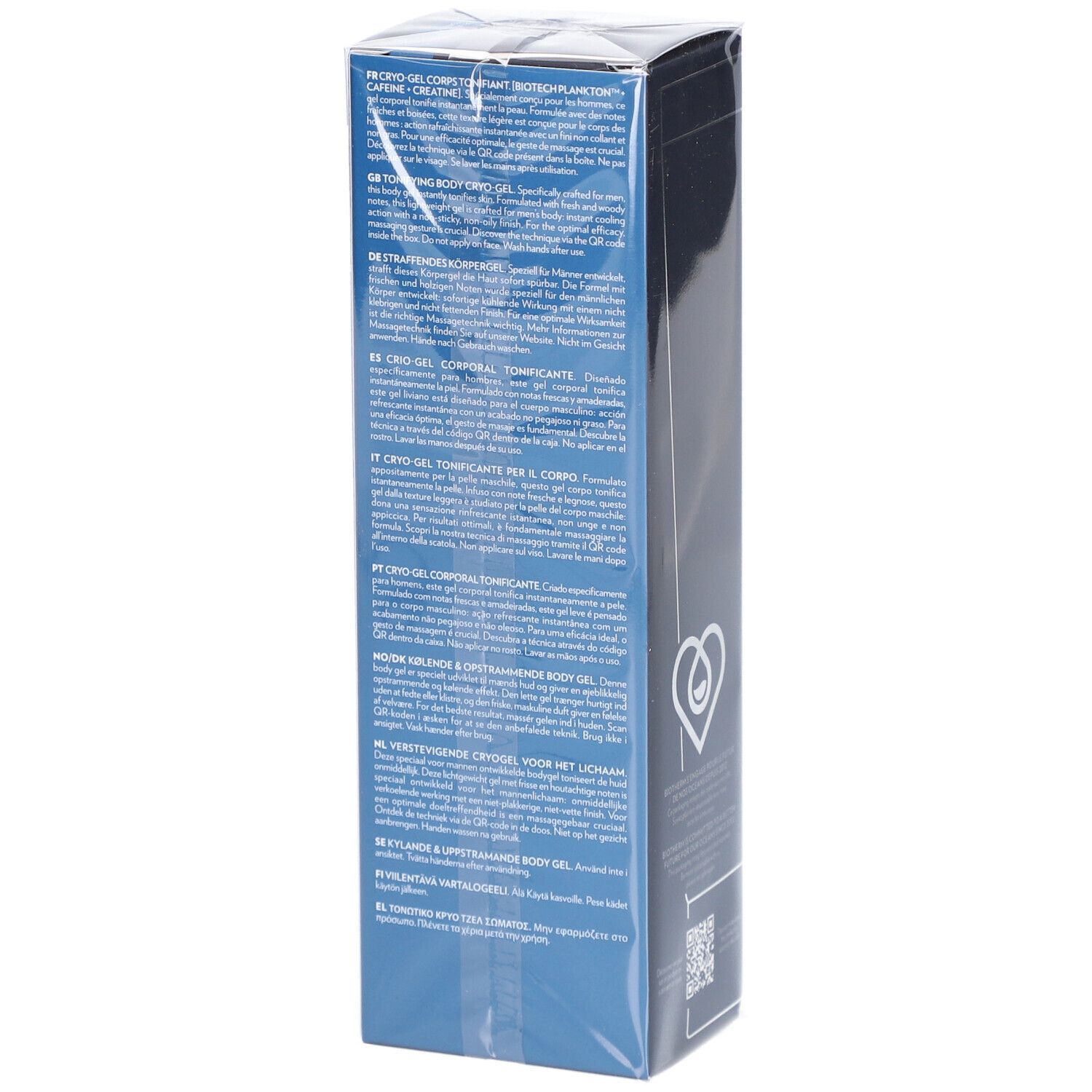 Confezione con informazioni sul prodotto in diverse lingue. Marchio: Biotherm Homme. Prodotto: Force Supreme Body Reshaper.