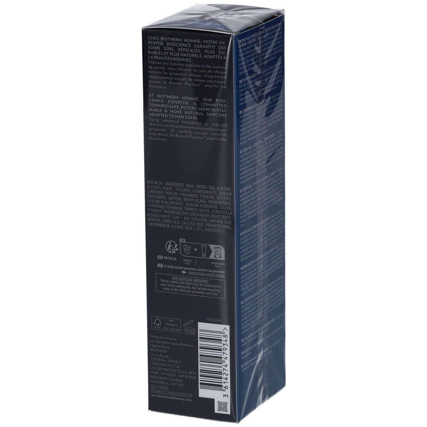 Confezione con informazioni sul prodotto e codice a barre. Marchio: Biotherm Homme. Prodotto: Force Supreme Body Reshaper.