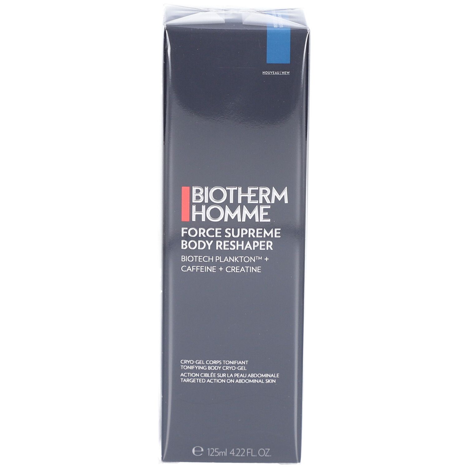 Confezione nera con nome e dettagli del prodotto. Marchio: Biotherm Homme. Prodotto: Force Supreme Body Reshaper.