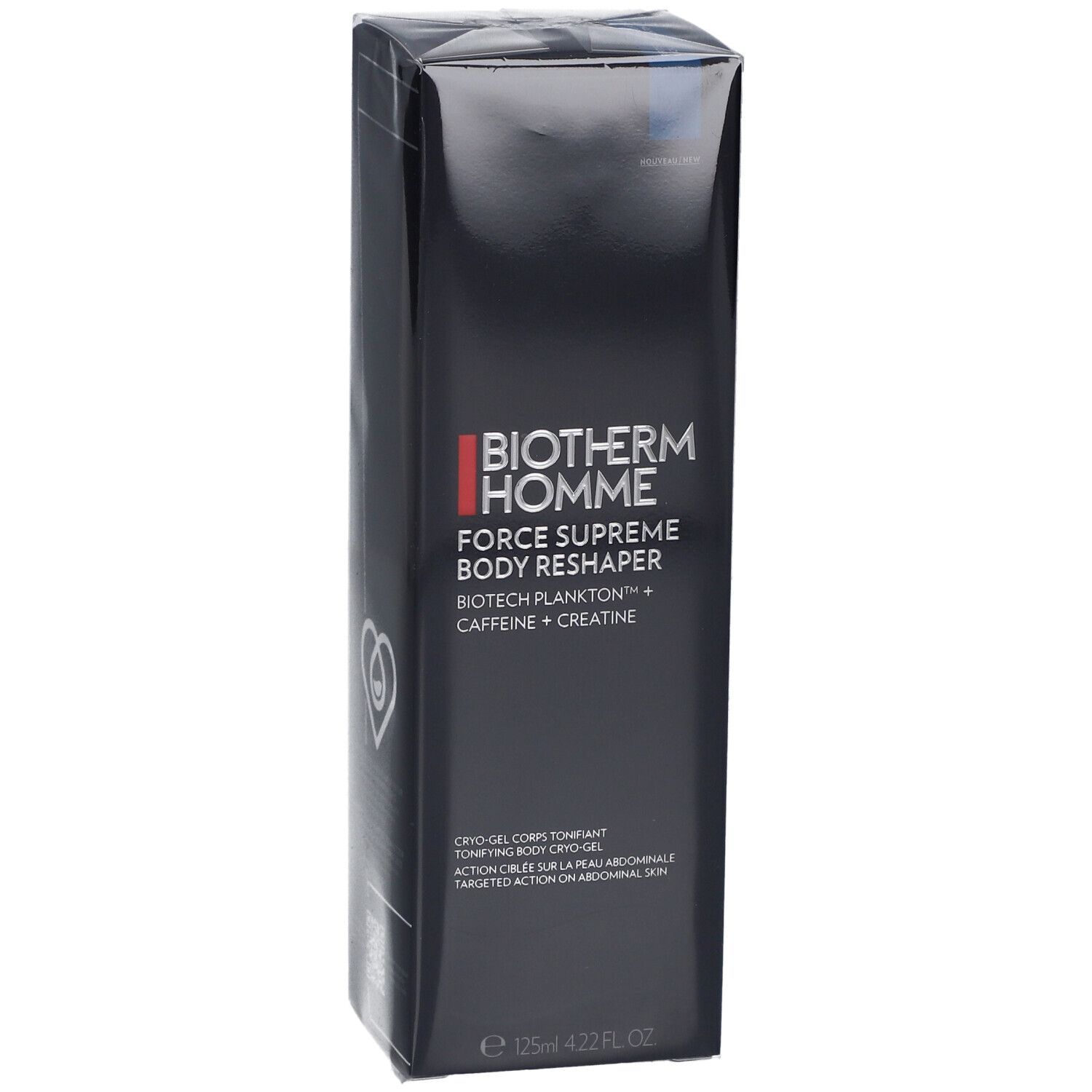 Confezione nera con nome e dettagli del prodotto. Marchio: Biotherm Homme. Prodotto: Force Supreme Body Reshaper.