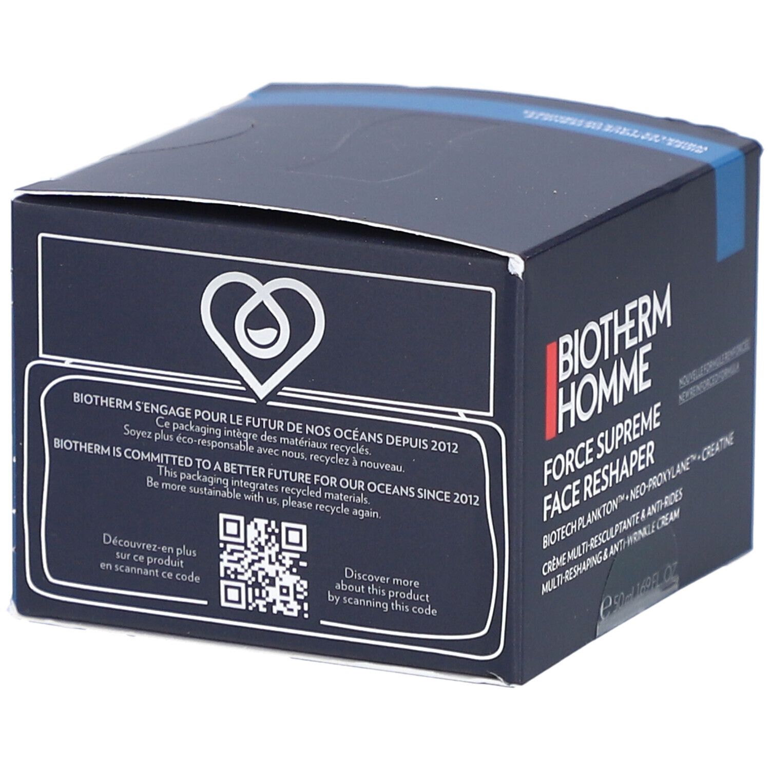 Scatola blu scuro. Scritta: Biotherm Homme, Force Supreme Face Reshaper. Con logo e codice QR.