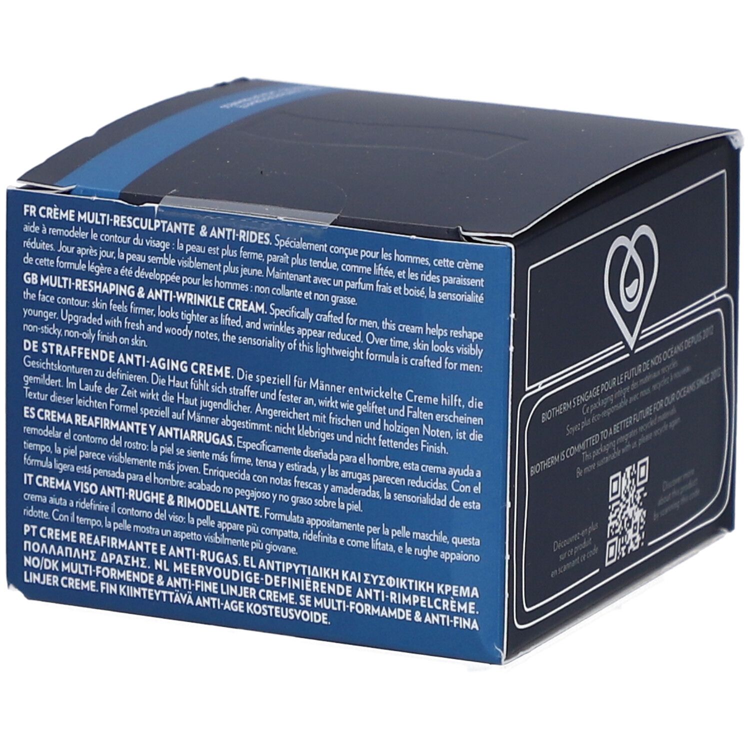 Scatola blu scuro. Testo multilingue: crema, antirughe, ecc. Con logo e codice QR.
