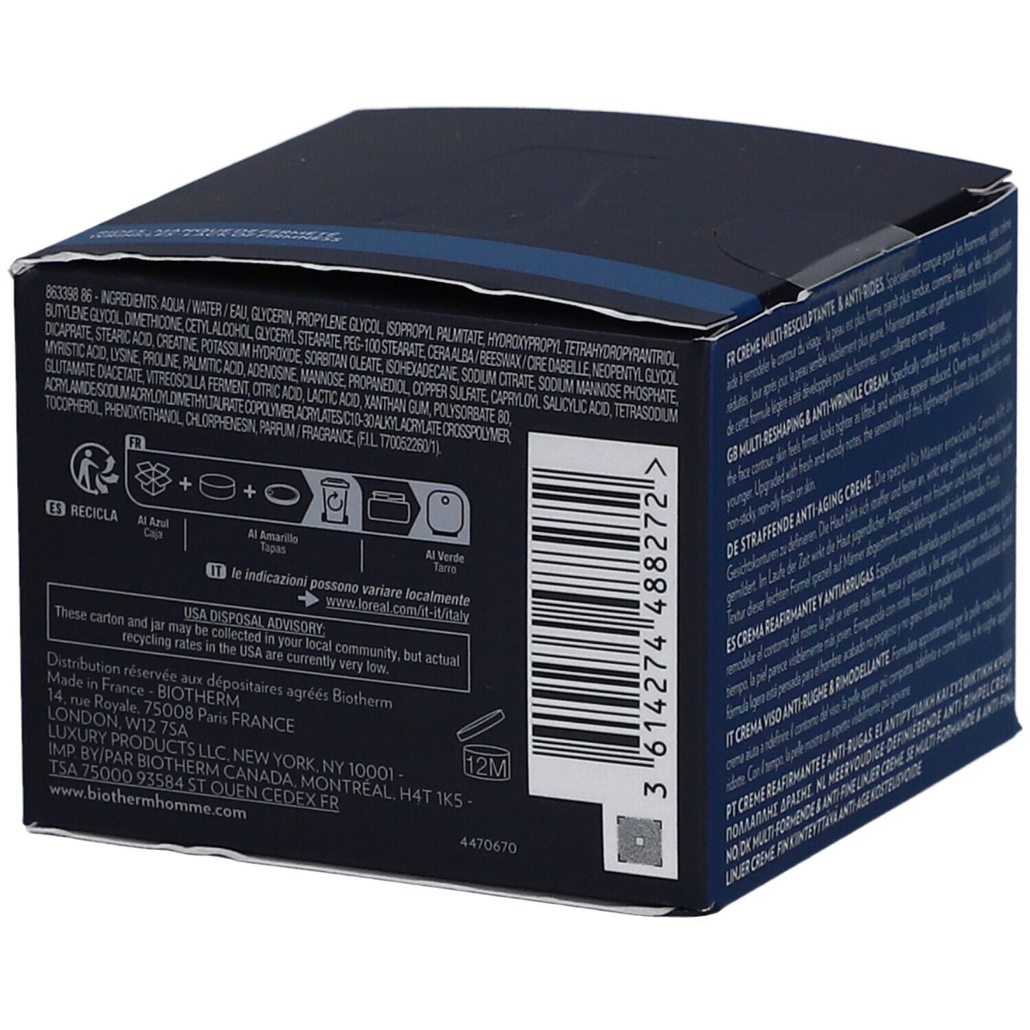 Scatola blu scuro. Ingredienti e informazioni. Con simboli di riciclaggio e codice a barre.