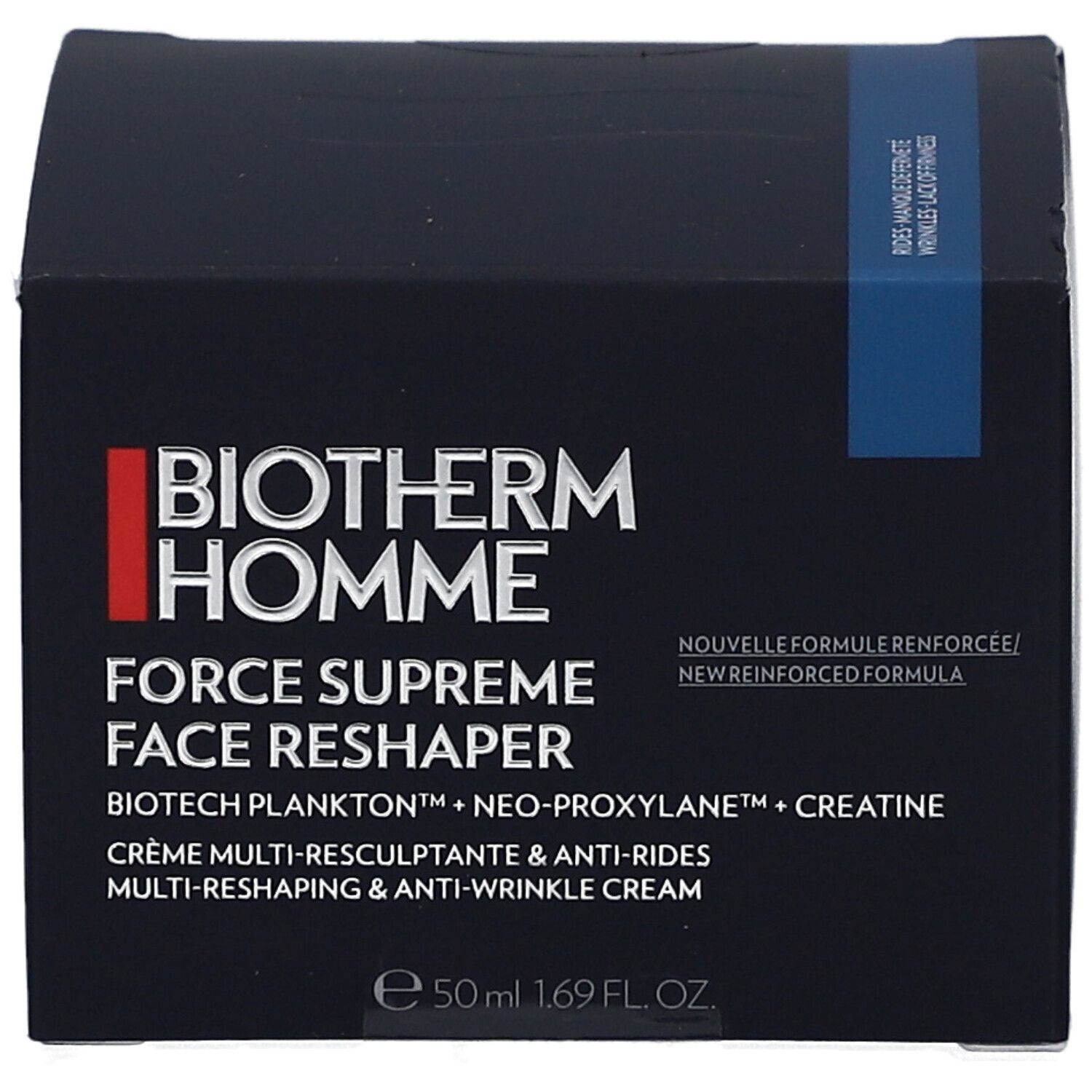 Scatola blu scuro. Scritta: Biotherm Homme, Force Supreme Face Reshaper. 50 ml di crema.