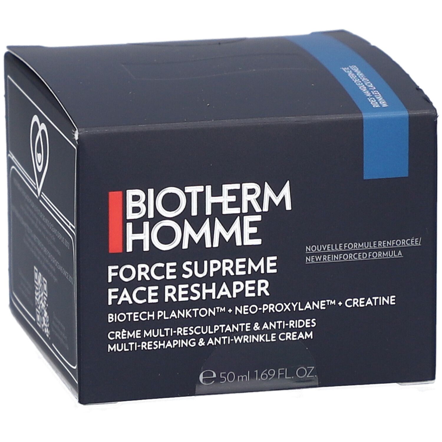 Scatola blu scuro. Scritta: Biotherm Homme, Force Supreme Face Reshaper. 50 ml di crema.