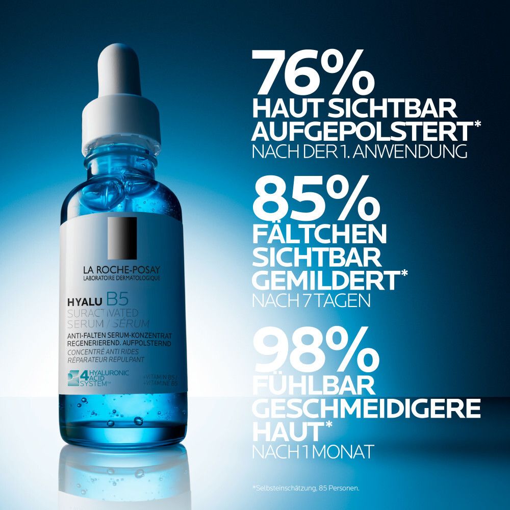 Flacone di siero blu con testo. Testo: 76% pelle rimpolpata, 85% rughe attenuate, 98% pelle più liscia.