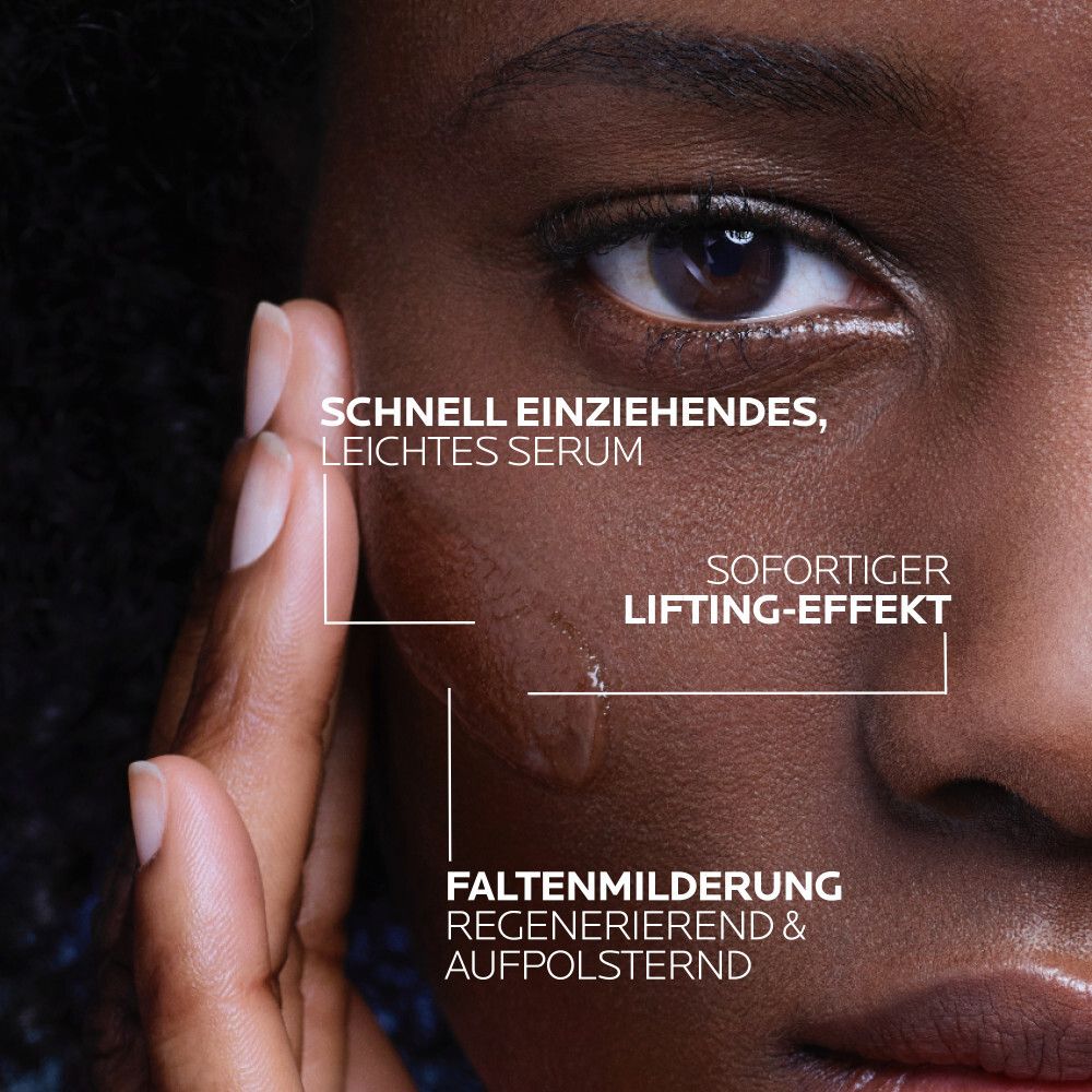 Viso di una donna. Testo: Siero ad assorbimento rapido, effetto lifting immediato, riduzione delle rughe.