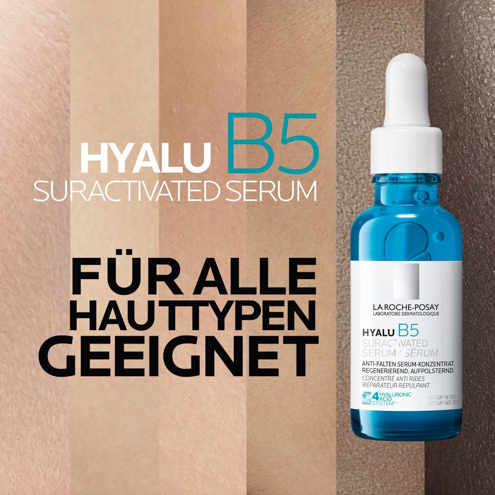 Flacone di siero. Testo: Hyalu B5 Suractivated Serum. Adatto a tutti i tipi di pelle.